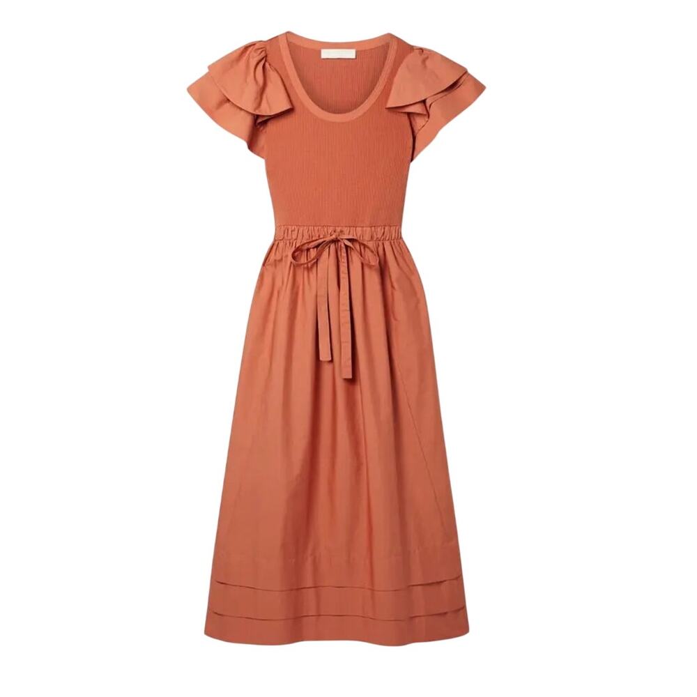 Ulla Johnson Orange Poplin Louise Midi Dress Size 12